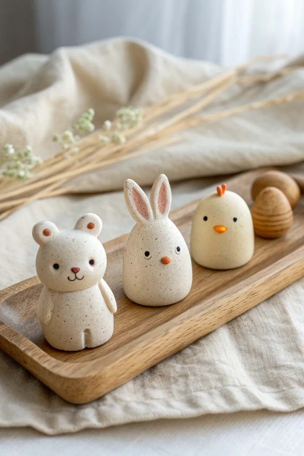 Three tiny clay animal buddies in soft neutrals, perfect beginner-friendly figurines to try today