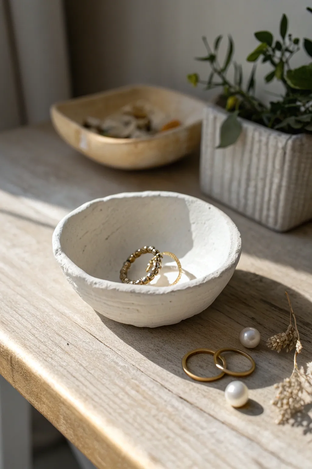 Handmade super light clay trinket bowl for tiny jewelry, minimalist Scandinavian with boho warmth.