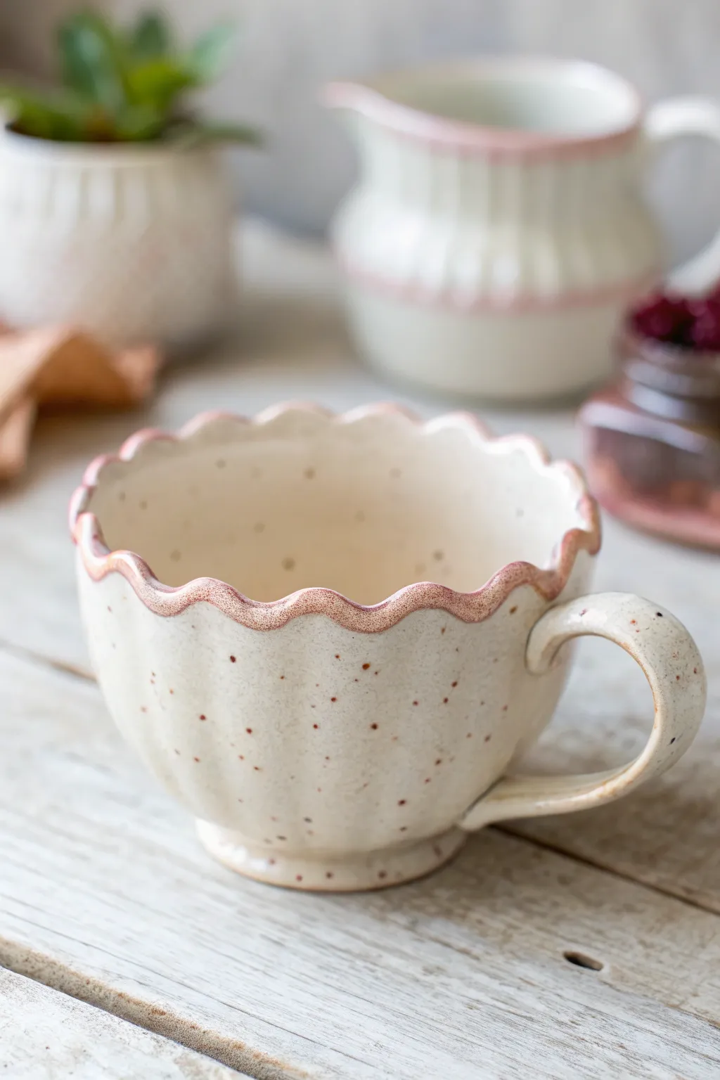 Romantic scalloped-rim tea cup with a soft blush glaze, minimal styling and cozy handmade charm.