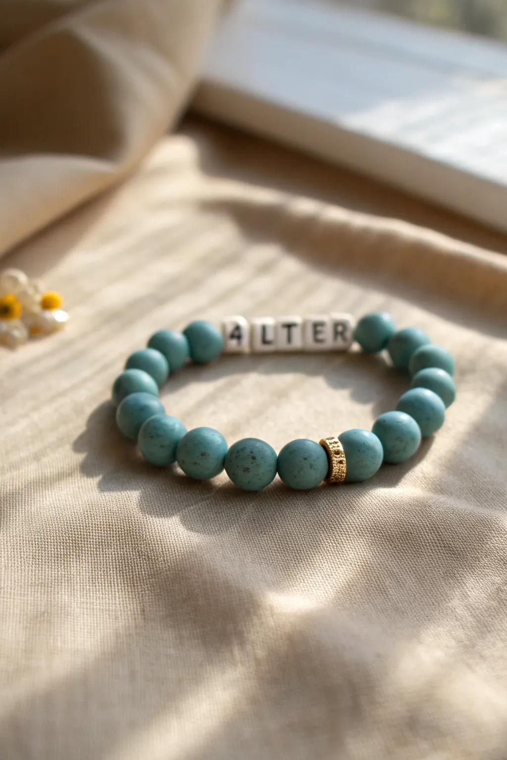 Teal clay bead bracelet with minimalist letter bead name bar and delicate gold spacers.