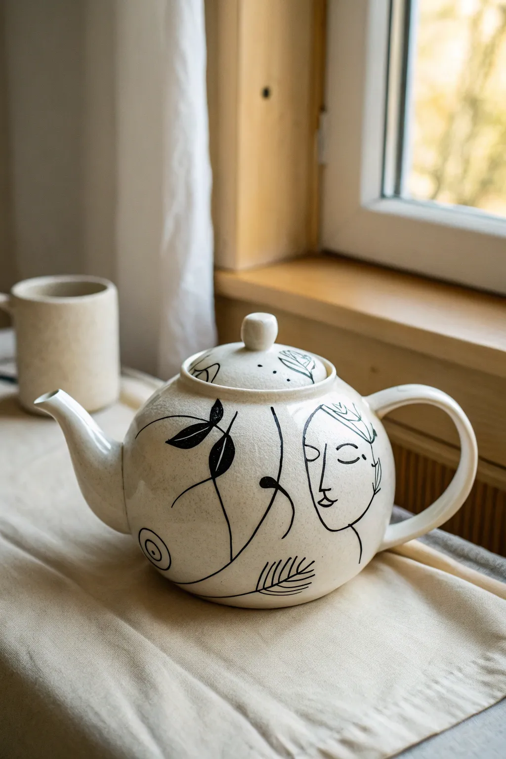 Minimalist white teapot with black line art faces, a chic and easy painting idea for makers