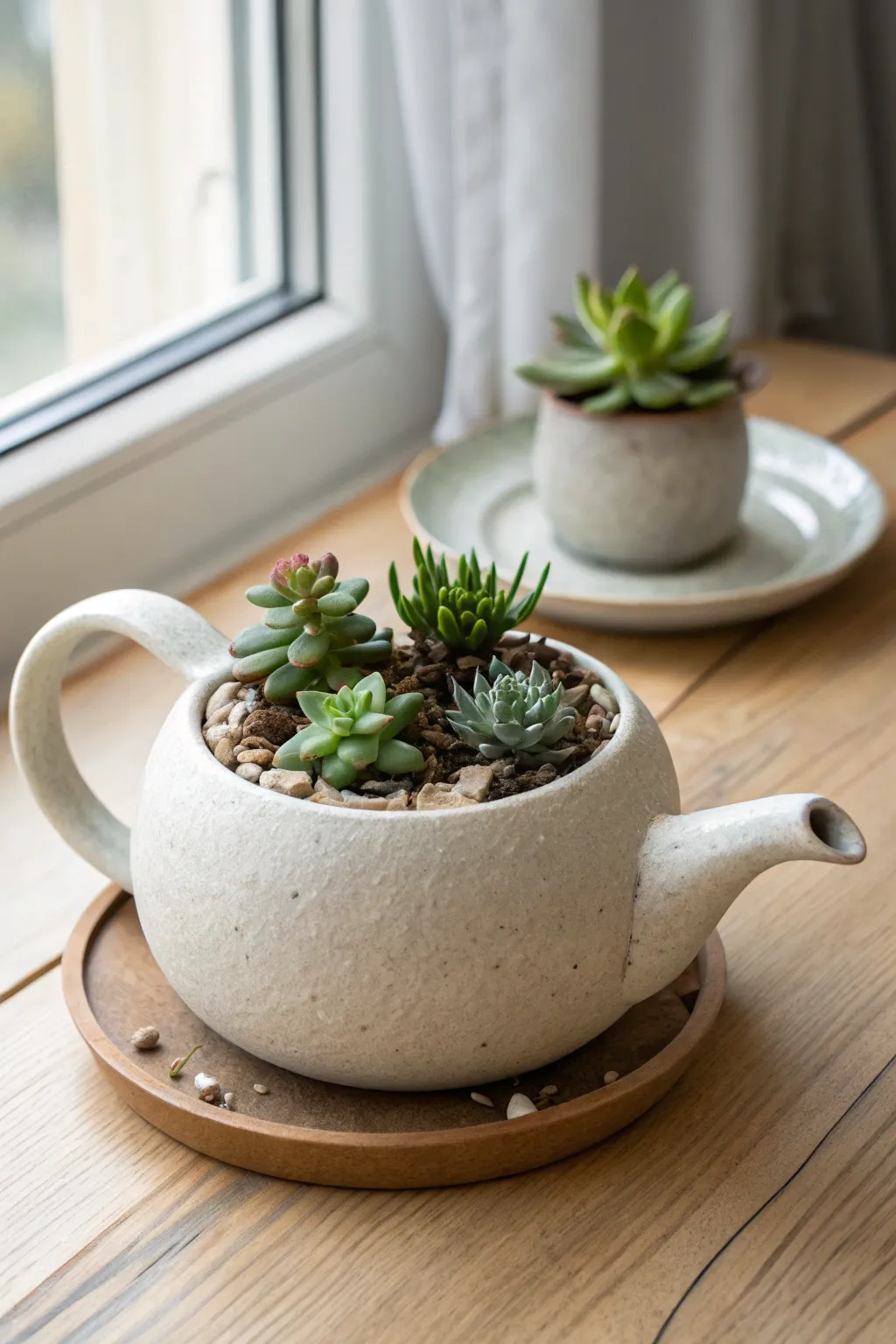 No-drill teapot planter with succulents and stone top dressing, styled in calm minimal tones.