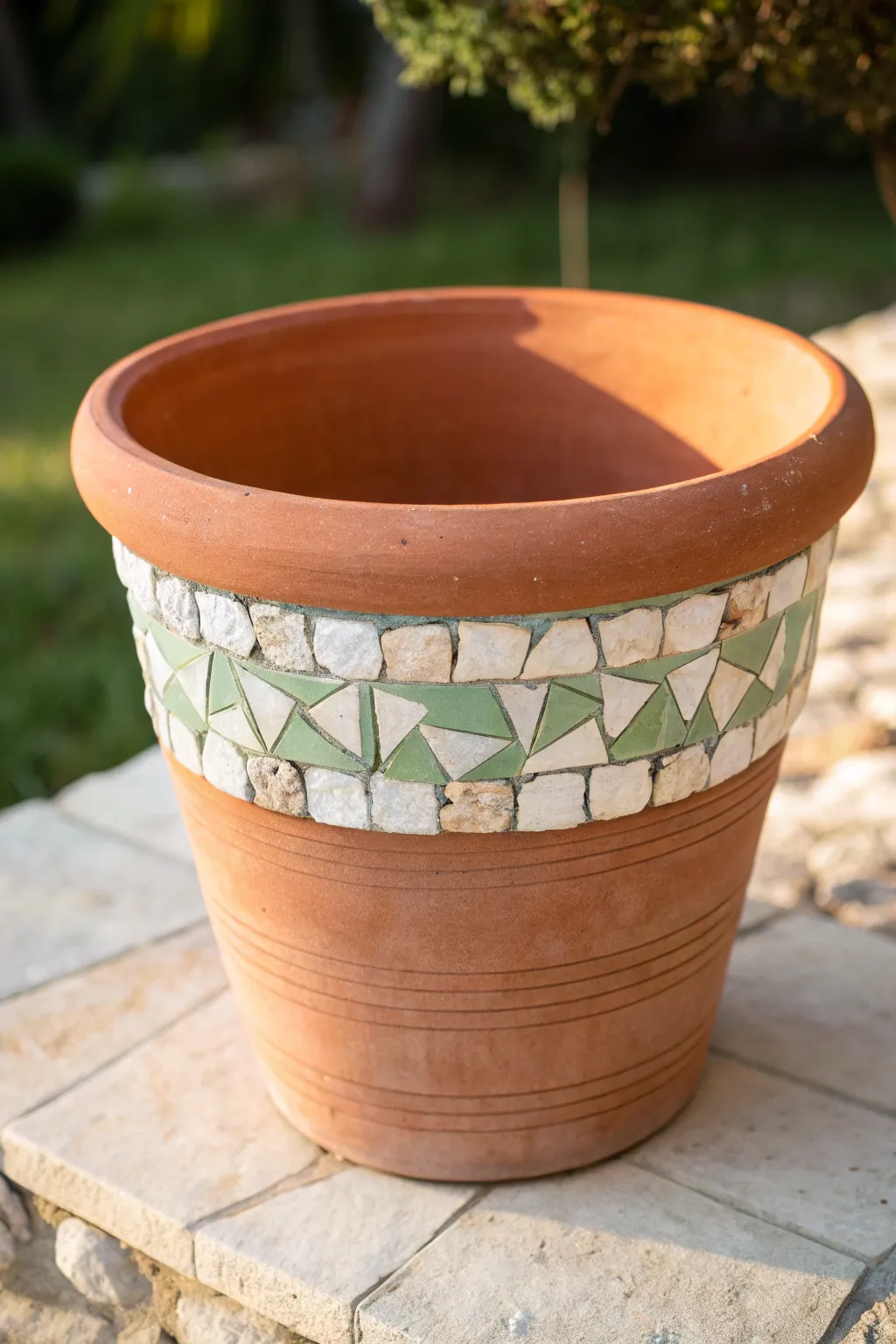 A simple mosaic band gives a terra cotta pot an effortless, handmade glow in natural light.