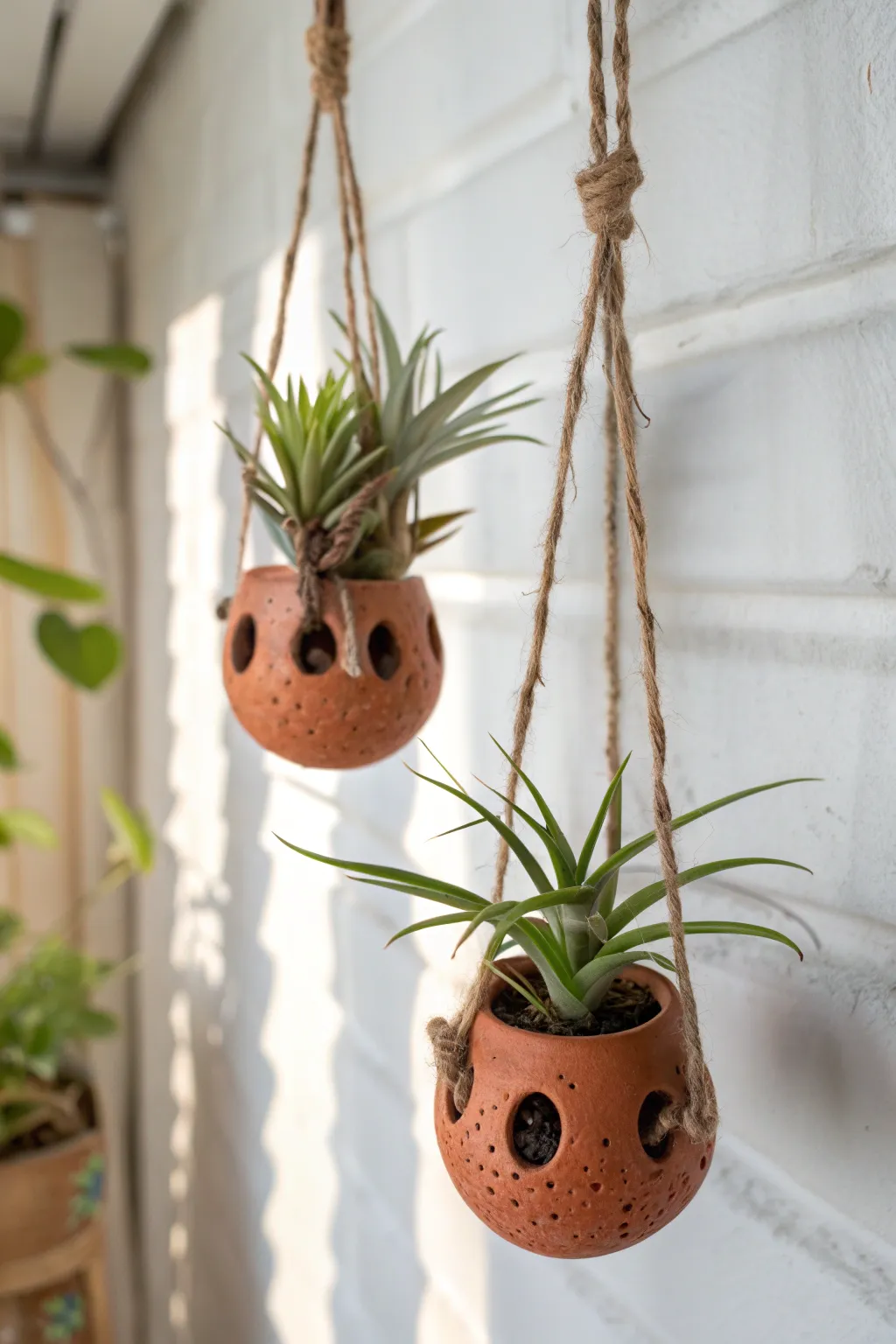 Minimal terracotta hanging pods with air plants, softly lit against a bright white wall