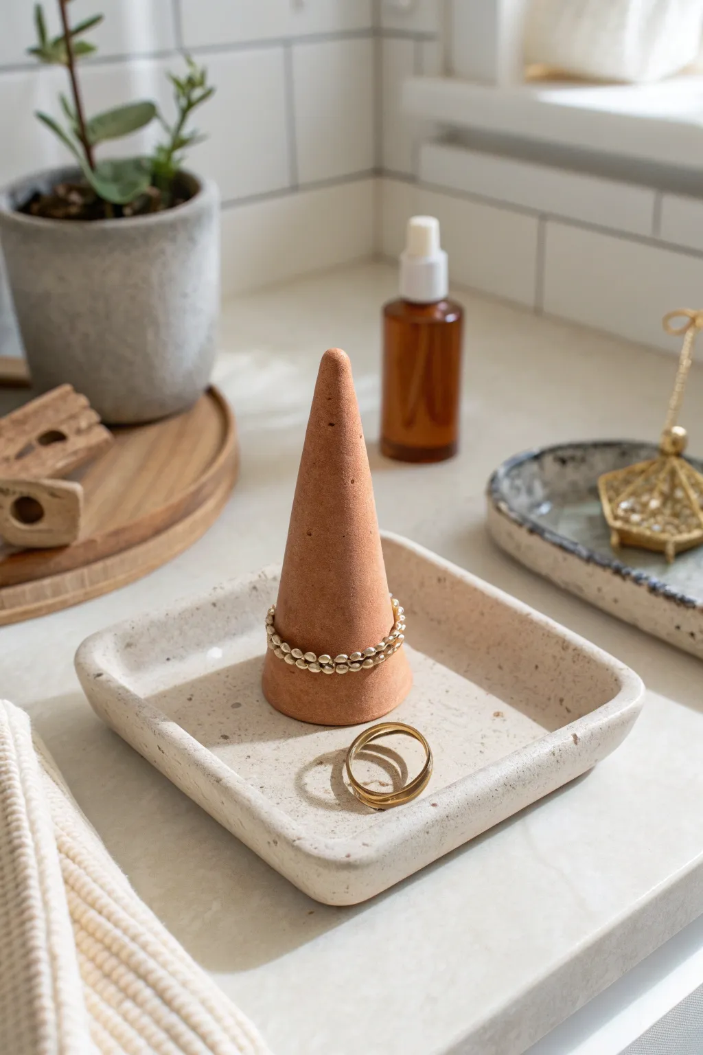 Warm terracotta ring cone with mini catchall dish, minimal spa styling for everyday jewelry.