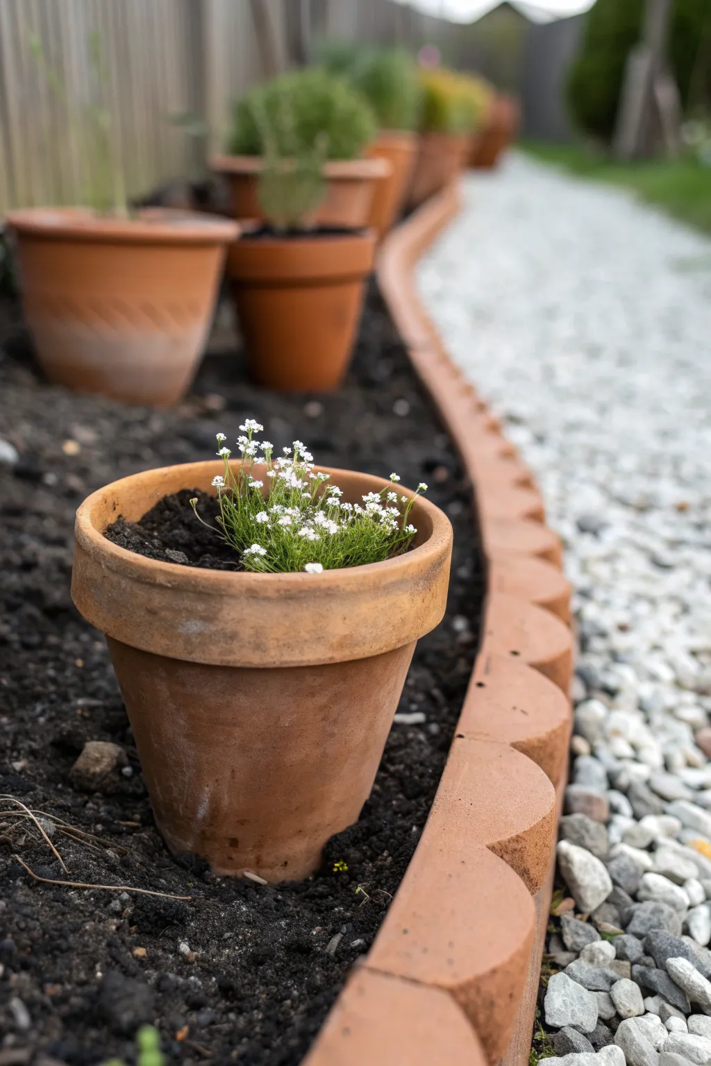 Half-buried terracotta pots create a charming, minimal path border with tiny blooms.