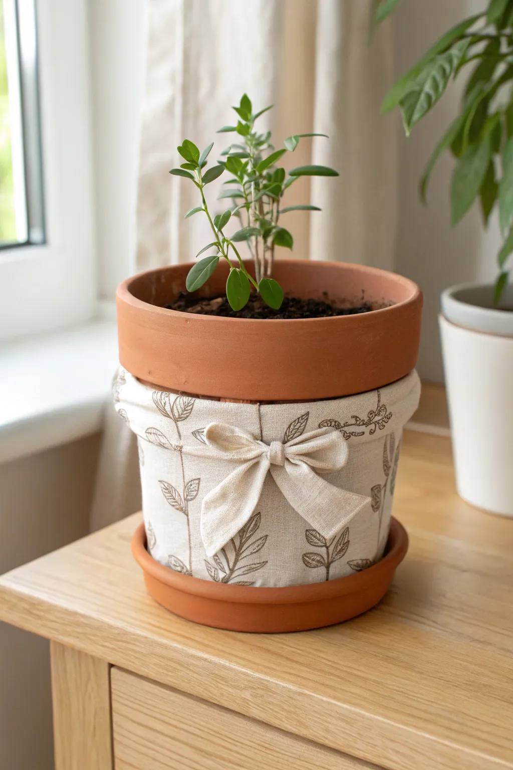 Cozy linen-wrapped terracotta pot with a simple bow for soft, minimalist bedside charm