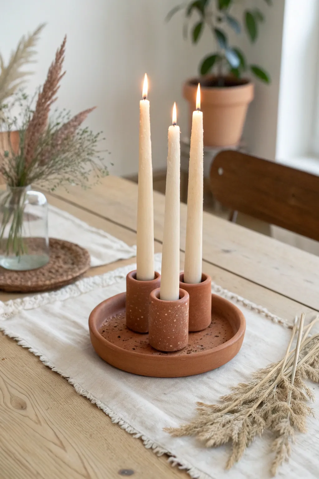 Warm terracotta candleholder centerpiece with cream and blush tapers for cozy wedding glow