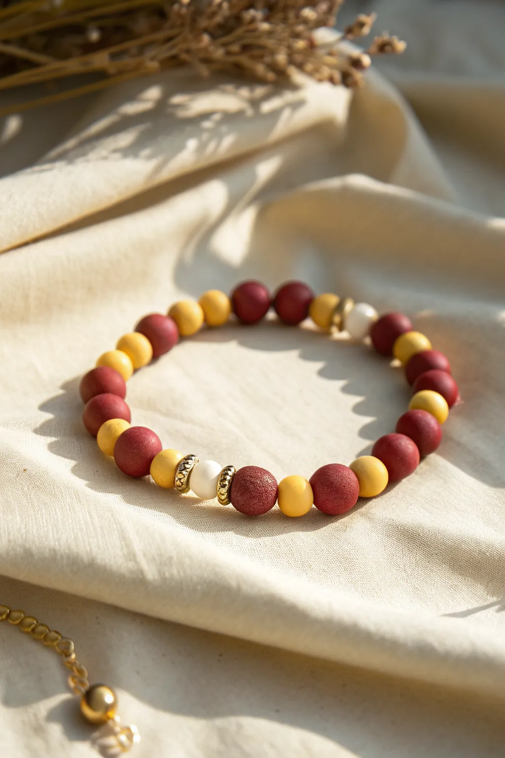 Cranberry and mustard clay bead bracelet with creamy separators and gold pops, fall-perfect.