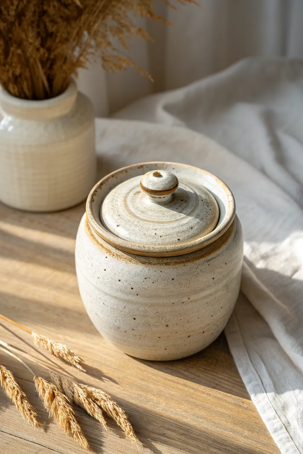 Minimal wheel-thrown lidded jar, lid slightly ajar to showcase a clean gallery fit.