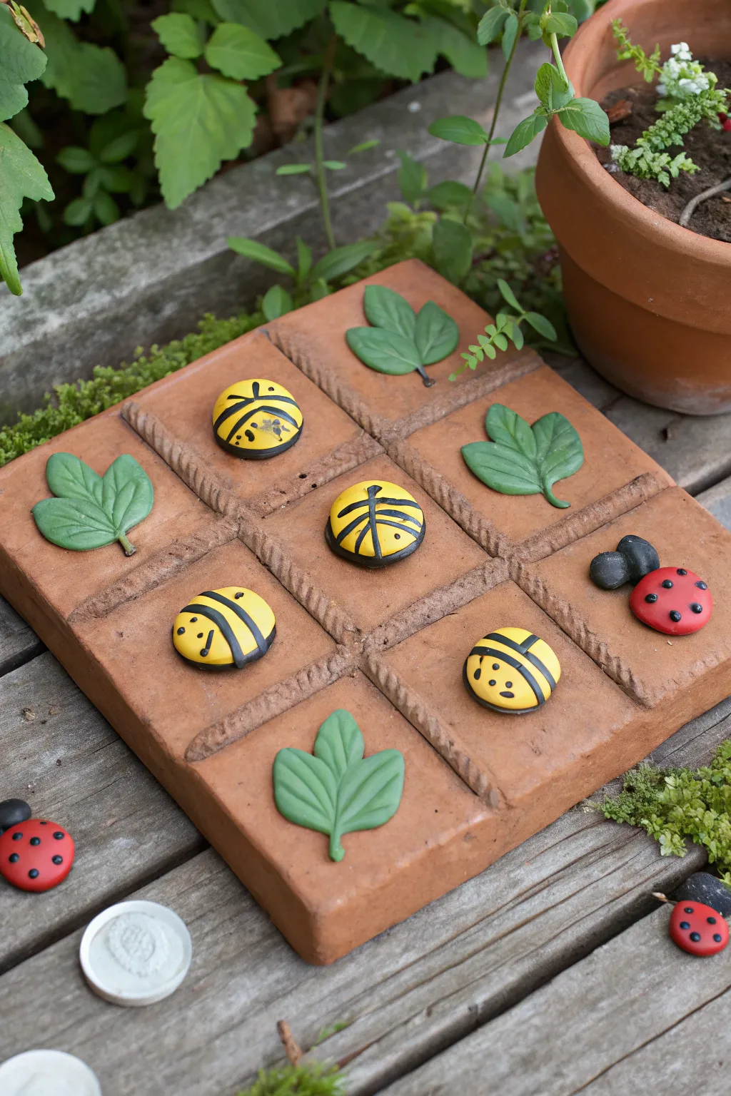 Flower garden tic tac toe: leafy clay board with bee vs ladybug tokens in warm earthy tones
