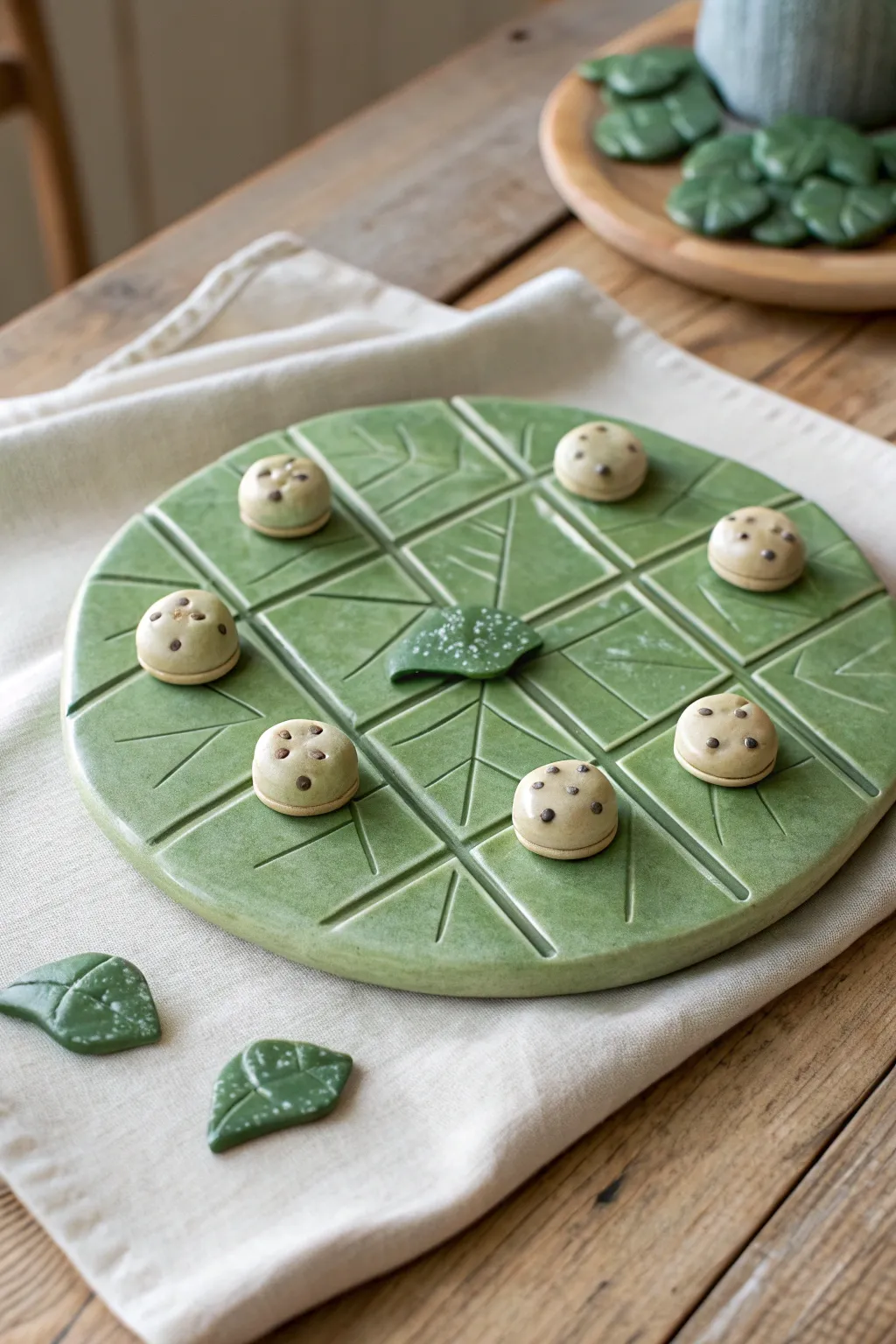 Lily pad clay tic tac toe with tiny frogs and flies, a calm minimalist pond game for your table