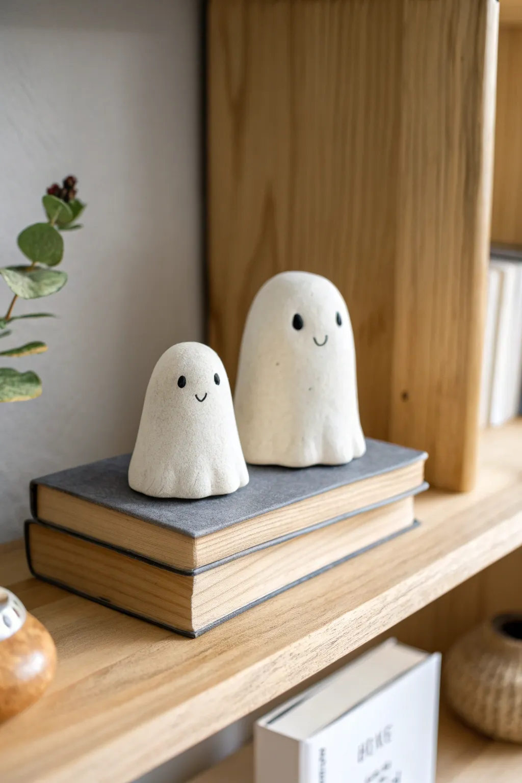 Tiny air dry clay ghost shelf sitters bring cozy charm to any minimalist nook or bookshelf.