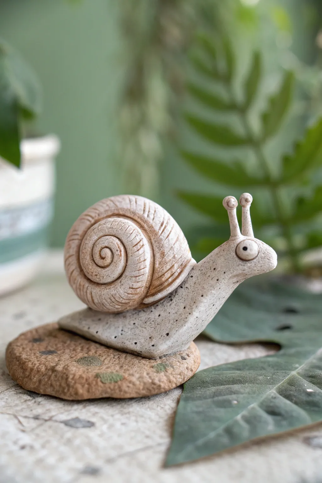 Mini clay snail with a swirly shell on a leaf base, styled in soft sage green.