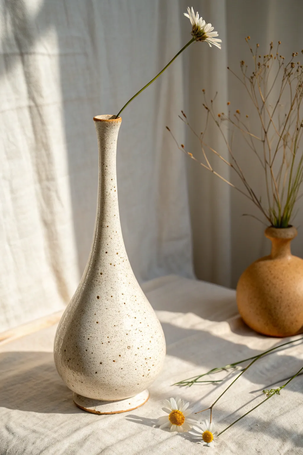 Tall-neck tripod bud vase: minimalist clay charm with one stem and airy Scandinavian calm.