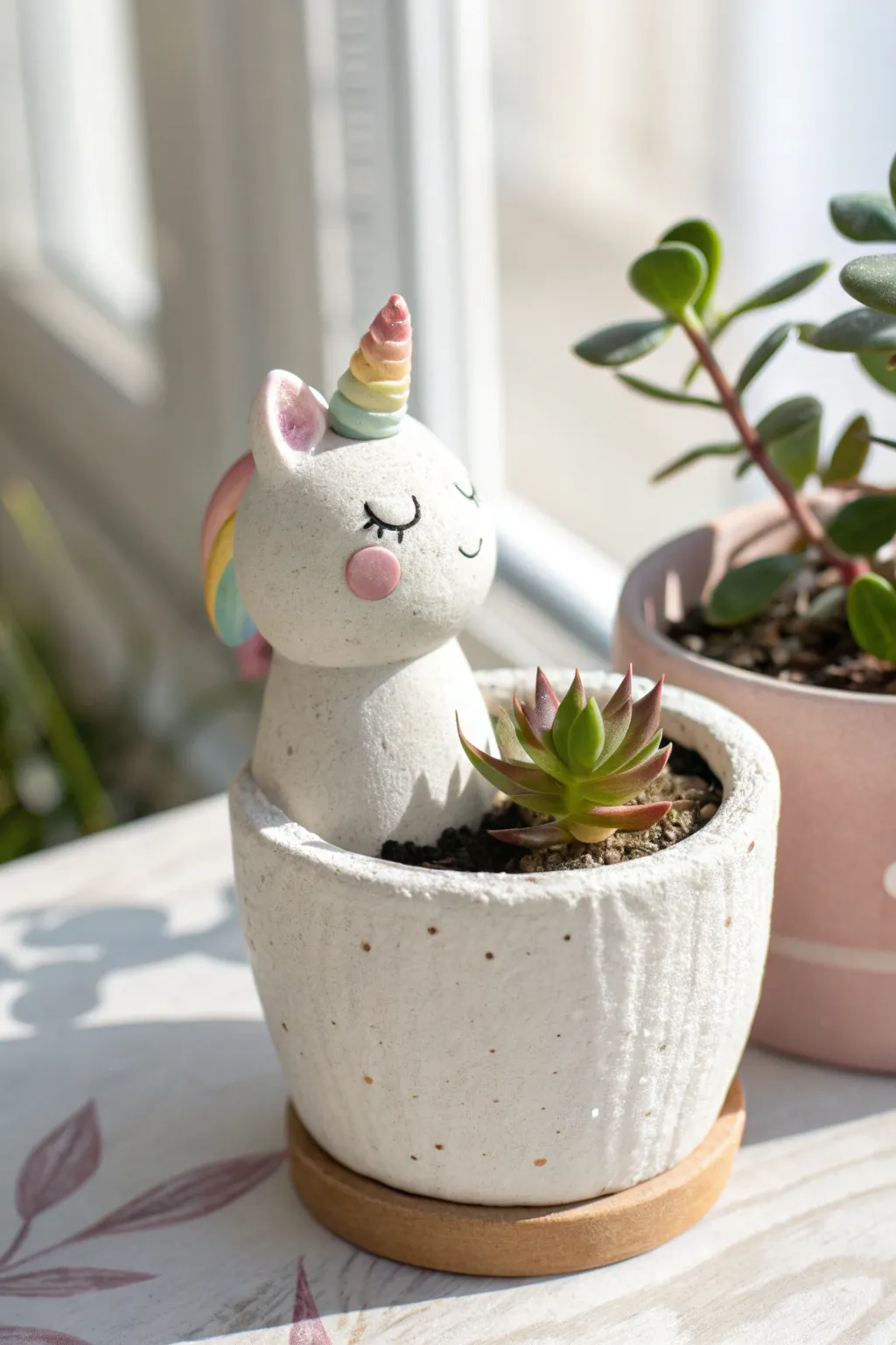 Tiny clay unicorn perched on a mini pot, pastel horn and minimal details in airy Nordic style.
