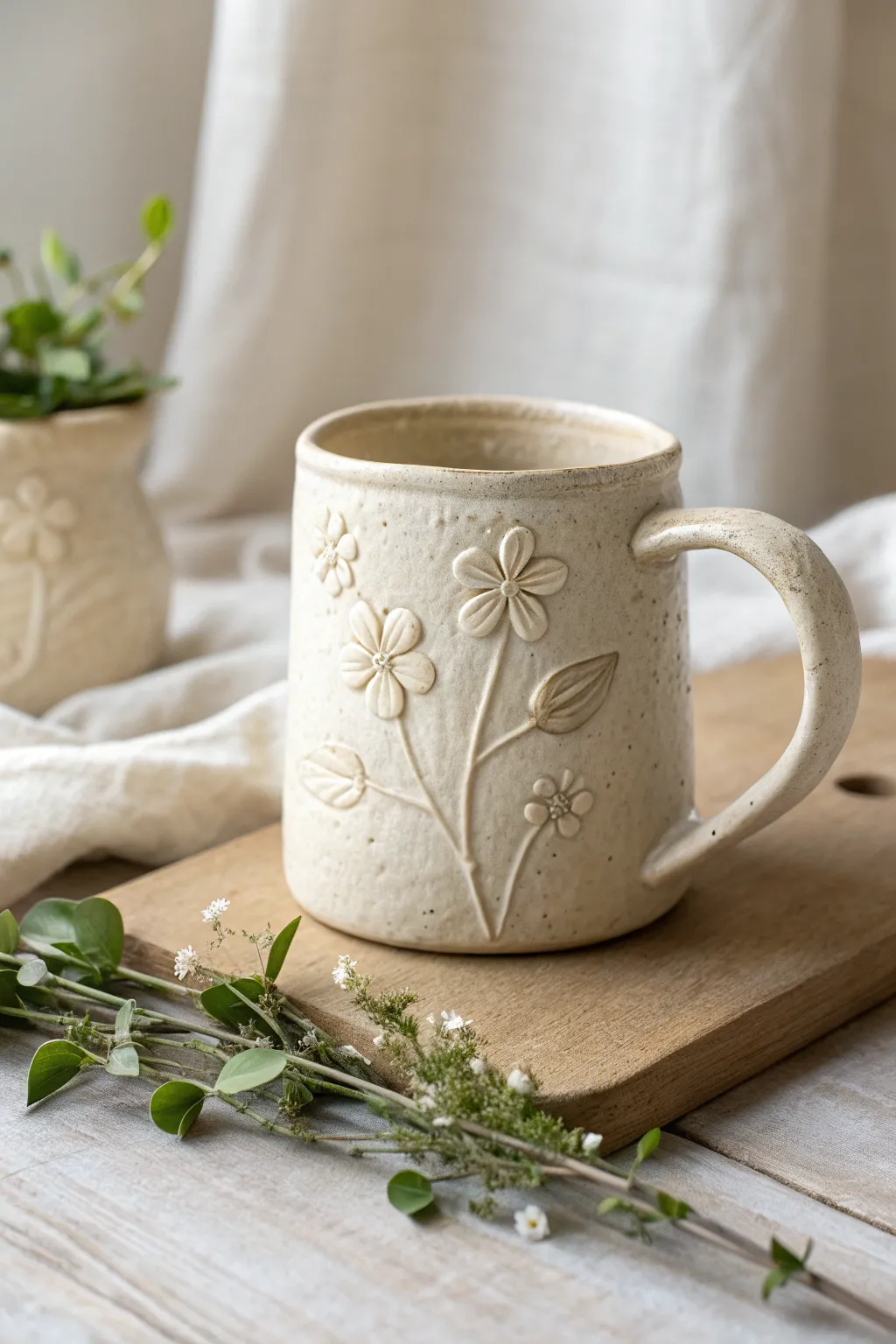 Delicate raised petals and leaves turn a simple mug into a soft, nature-inspired statement.