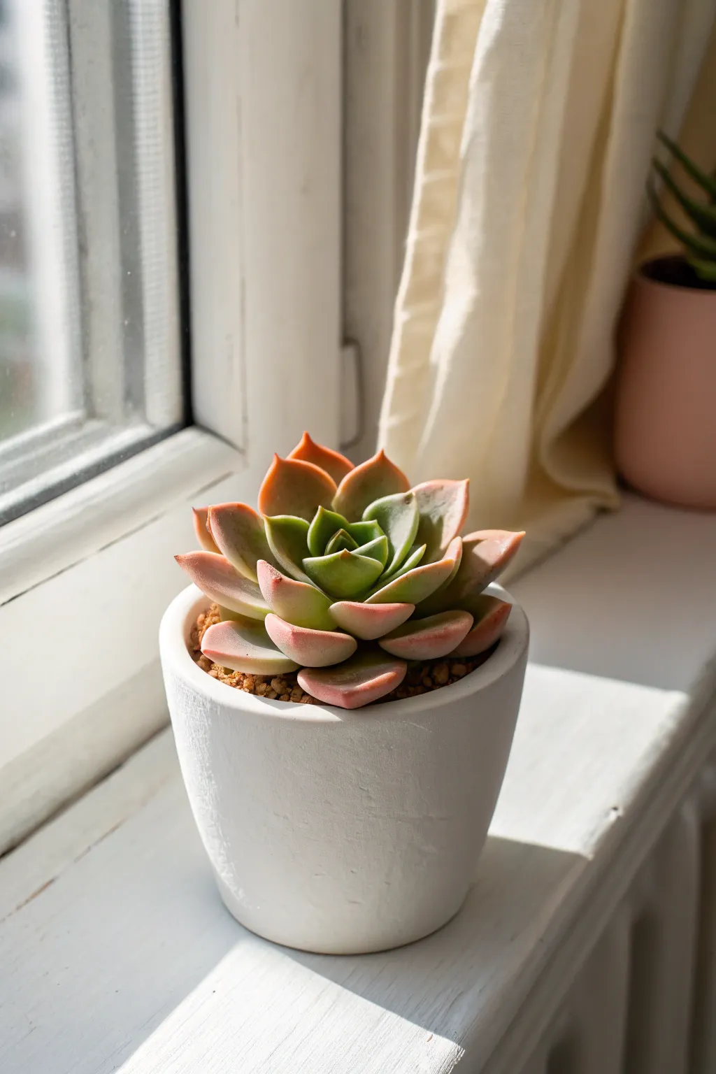 Petal-wrapped polymer clay mini planter on a sunny sill, simple boho charm for succulents.