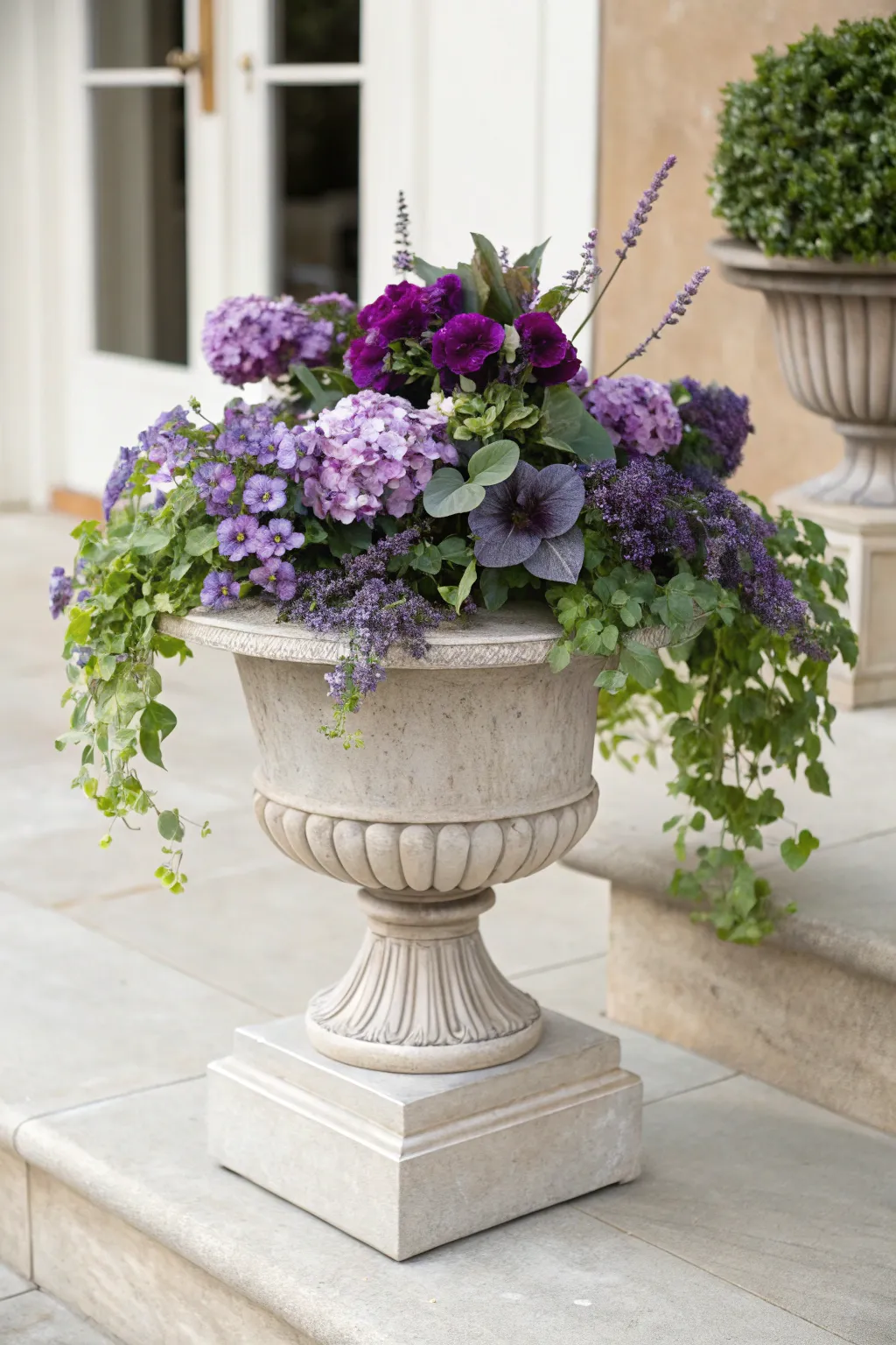 Monochrome purple urn planter with layered blooms and a soft trailing spiller, clean and elegant.