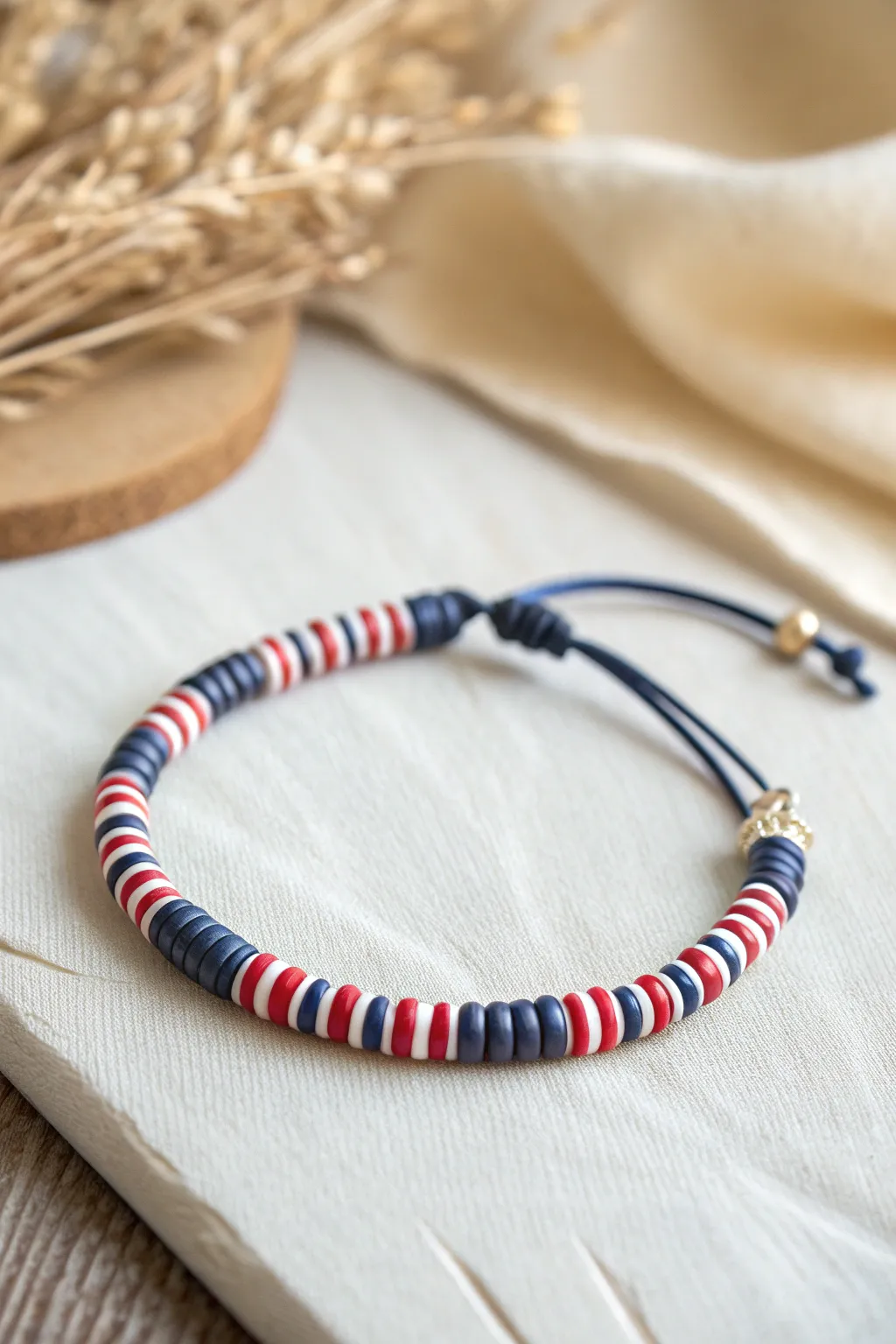 Skinny micro-stripe red, white, and blue clay bead bracelet with a sleek solid navy strand.