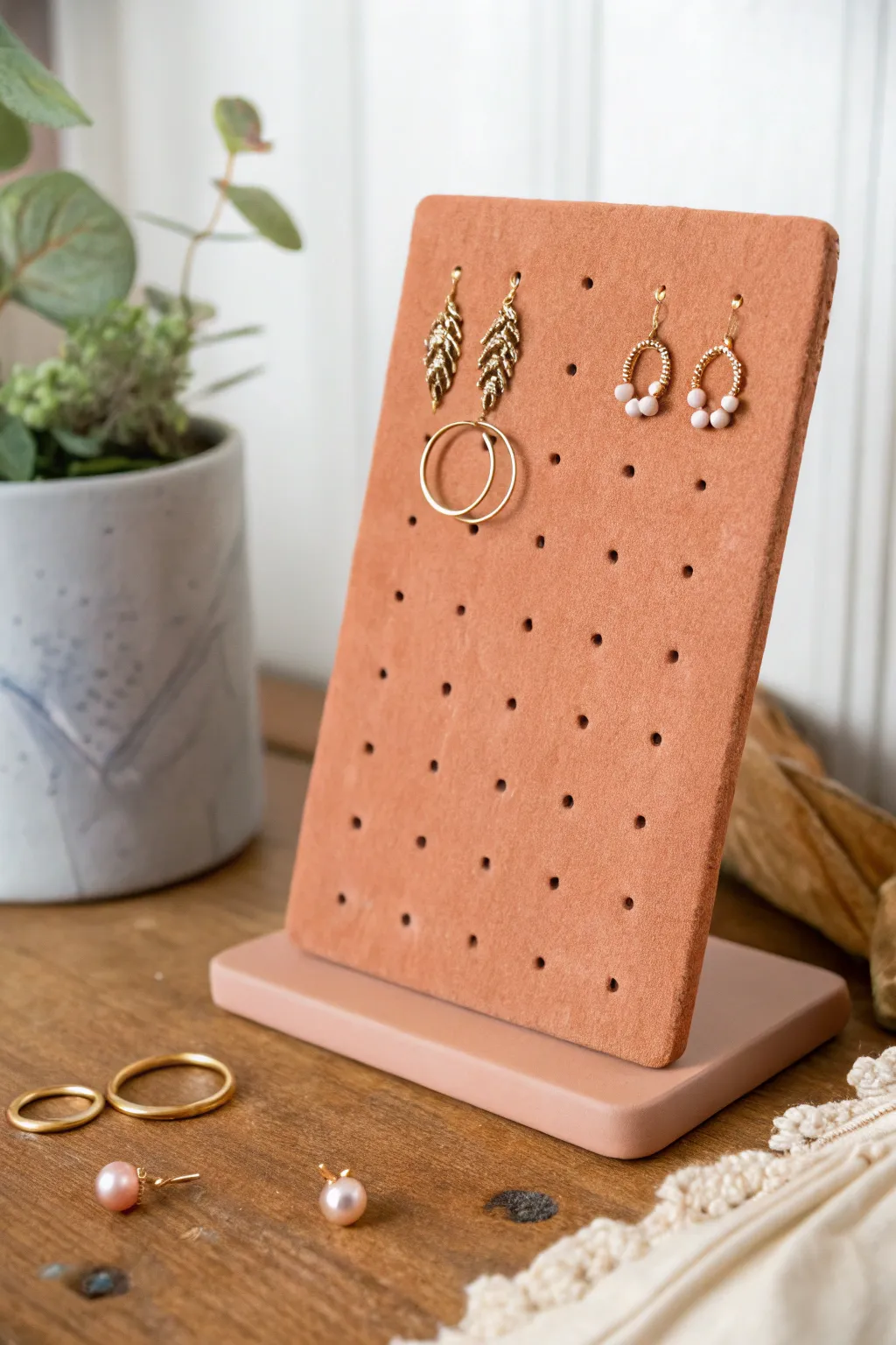 Minimal clay earring organizer board with peg holes, tidy display for your favorite pairs.
