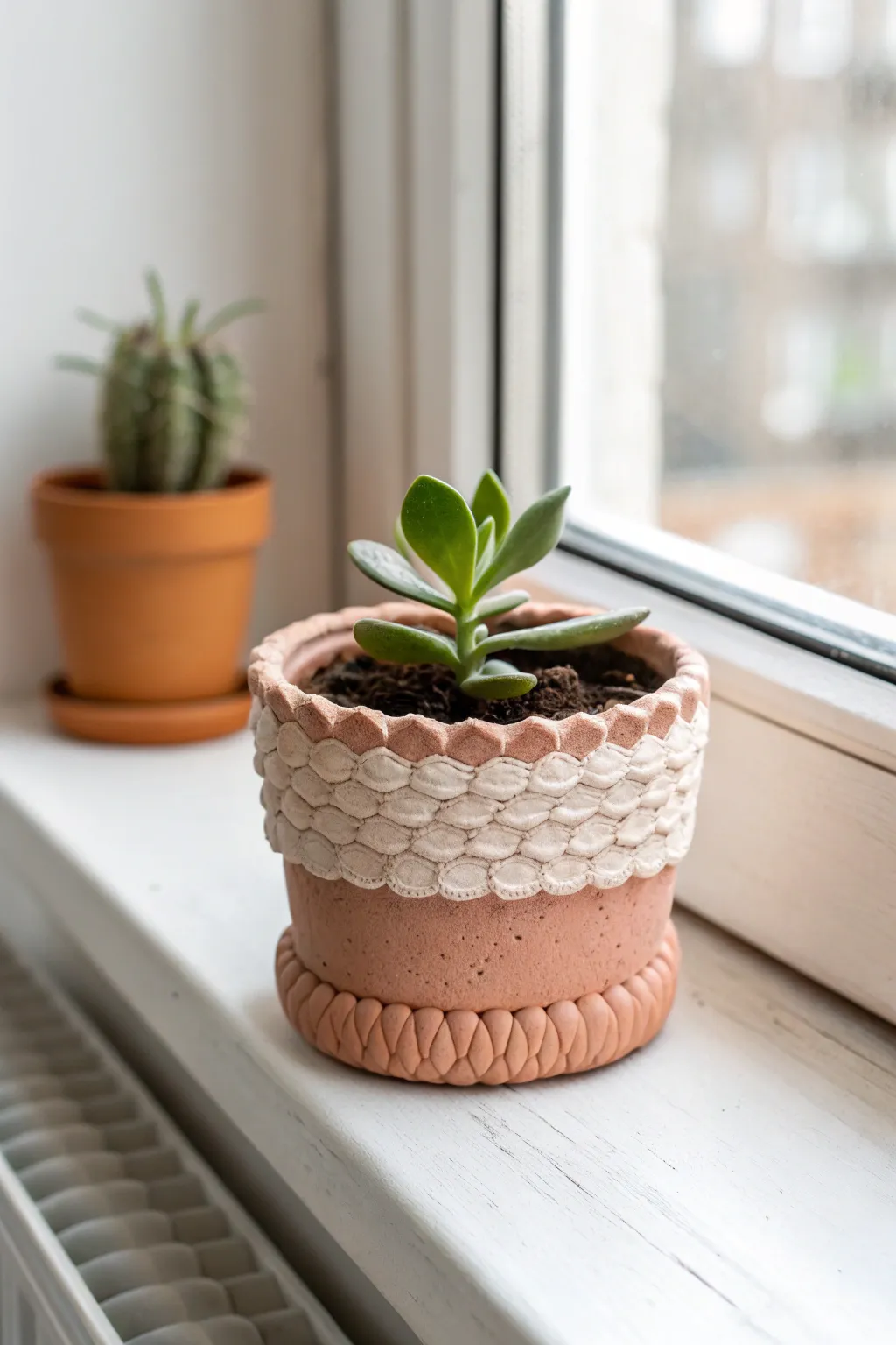 Cozy scalloped polymer clay wrap transforms a simple pot into a weekend-worthy planter.