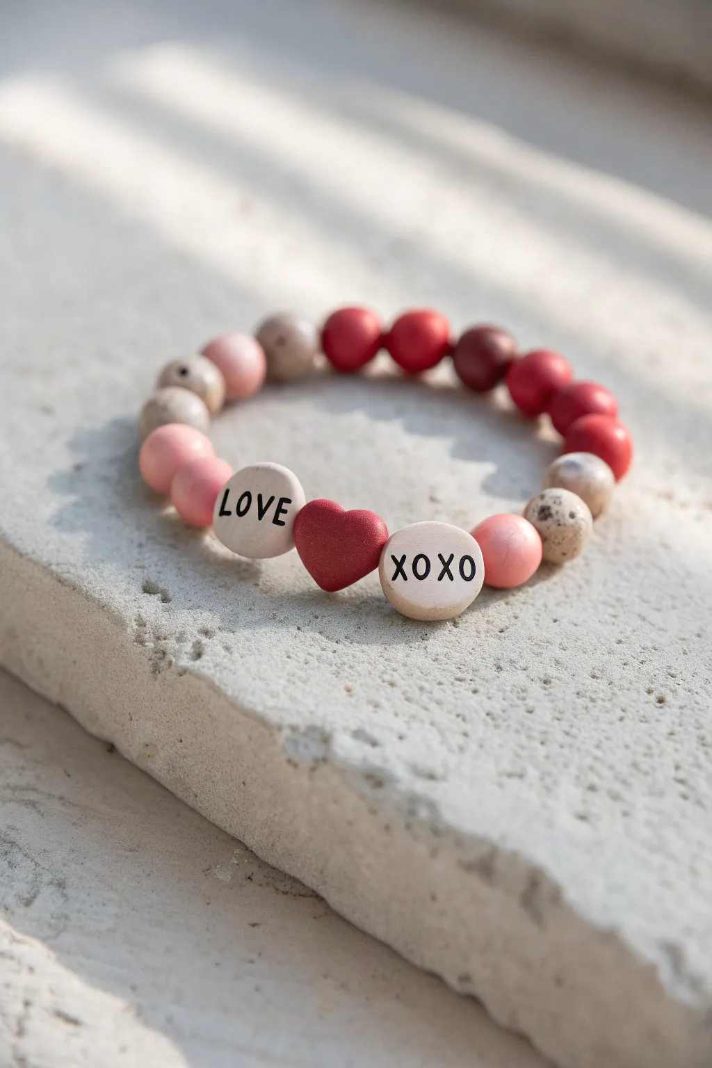 Sweet conversation-heart clay bead bracelet in pastel and pink tones, perfect for Valentines gifting