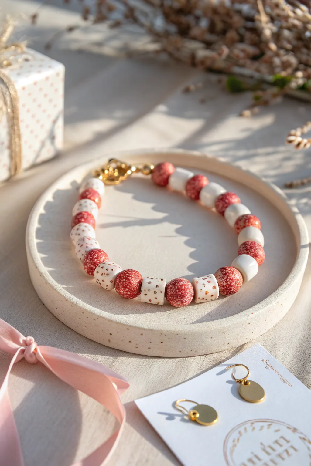 Strawberries-and-cream speckled heishi bracelet with gold spacers, styled for Valentine gifting