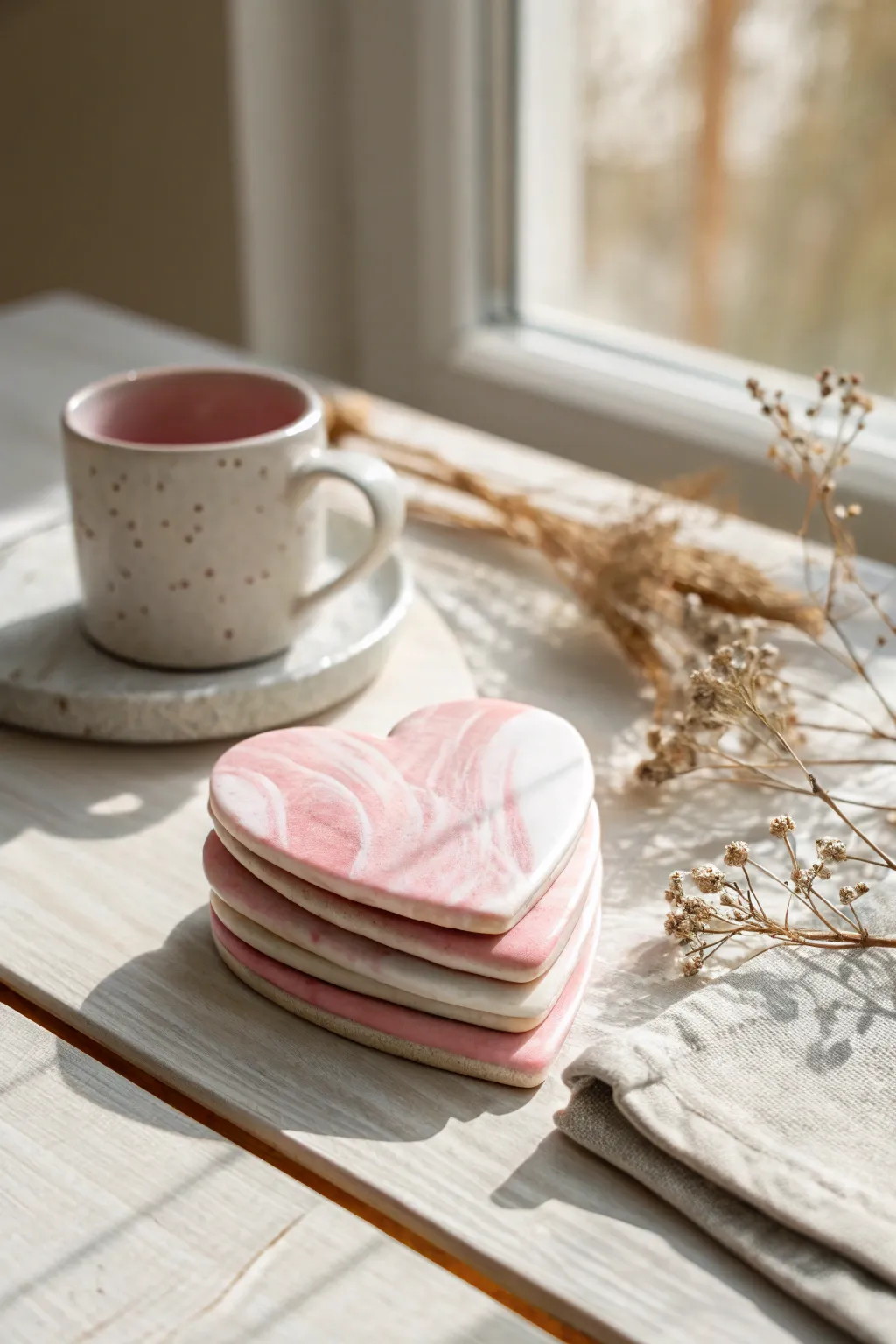 Create sweet marbled heart coasters in pink and white for an easy Valentine touch.