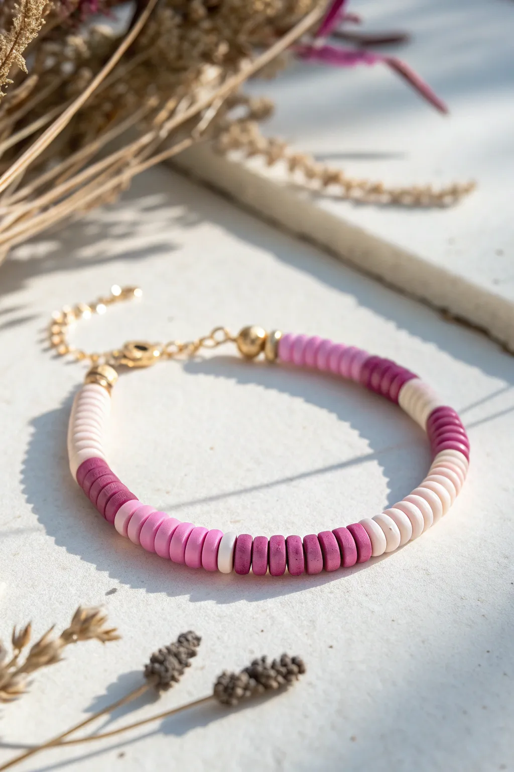 Smooth pink ombre heishi clay bracelet in an elegant S-curve, perfect for Valentines gifting.