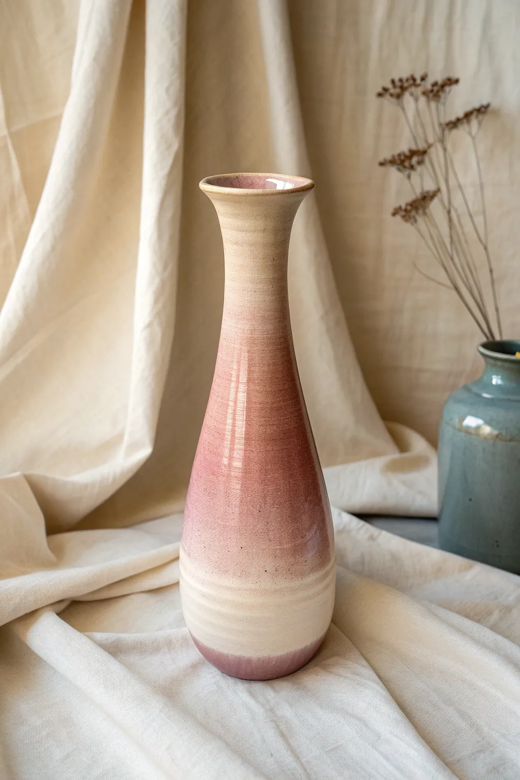 Dreamy ombre glaze vase fading from dusky rim to soft ivory base, minimal and effortlessly chic