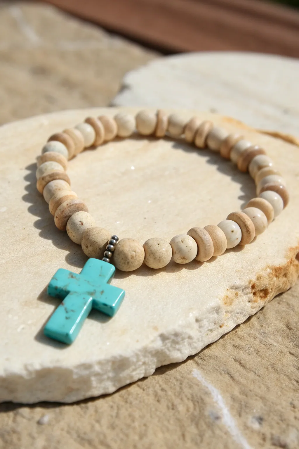 Turquoise cross focal bracelet with neutral clay heishis for a simple western-boho look.