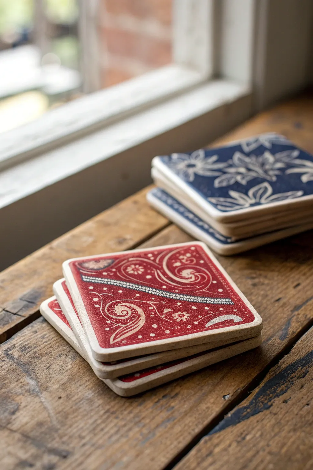 Bandana pattern clay coasters in rustic western colors, stacked on wood for a cozy ranch vibe