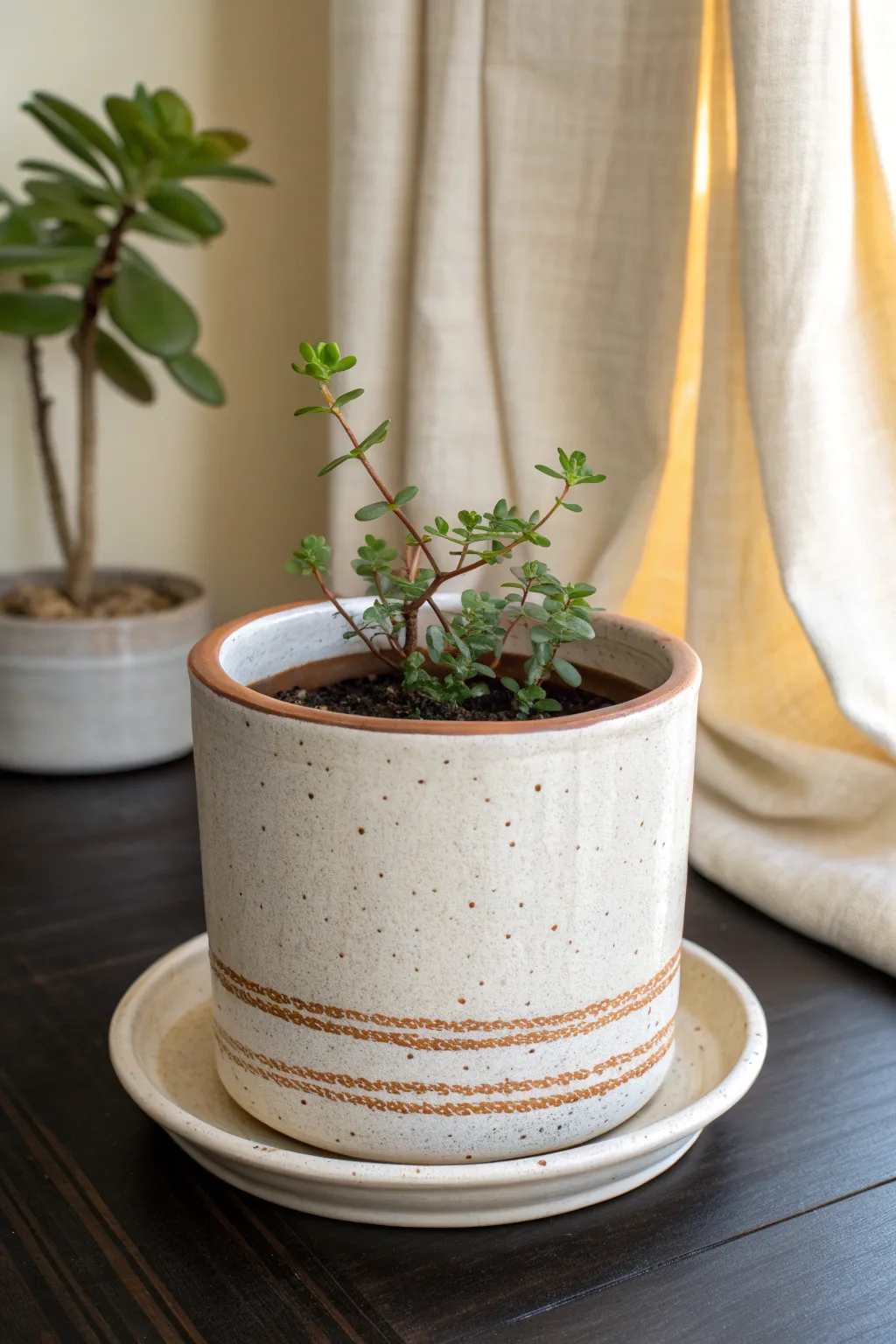 Simple wheel-thrown planter and saucer set, styled with greenery for an effortless boho-minimal look