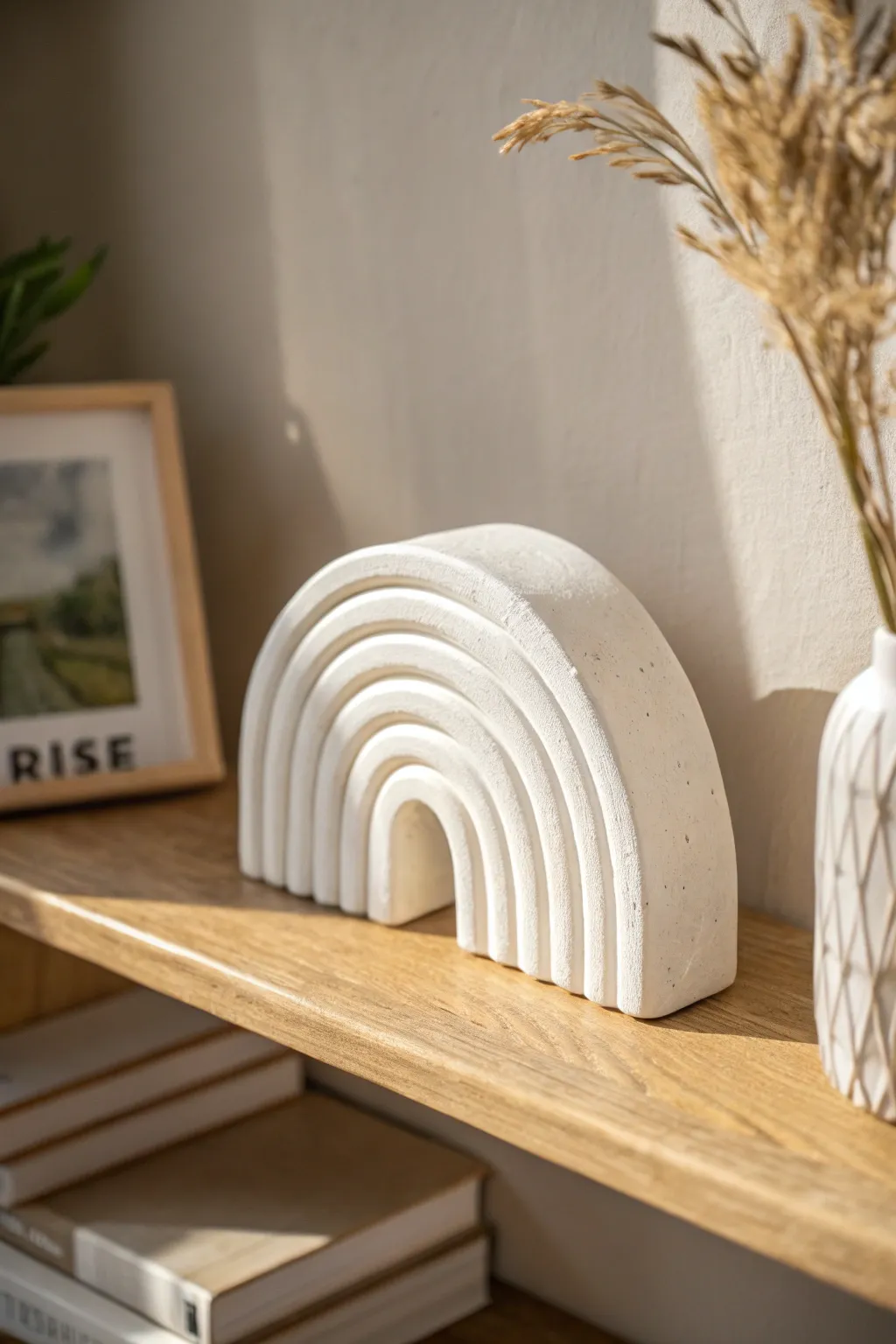 Modern white clay rainbow arch decor in a minimalist, boho shelf vignette with crisp contrast