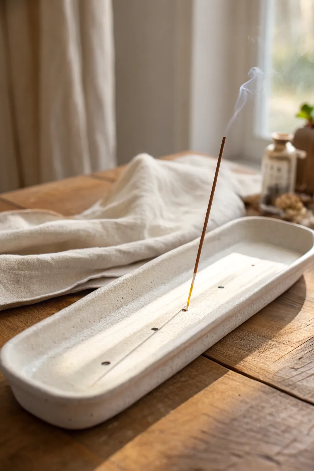 Serene white clay incense tray with gentle curve, minimalist boho styling for calm rituals.
