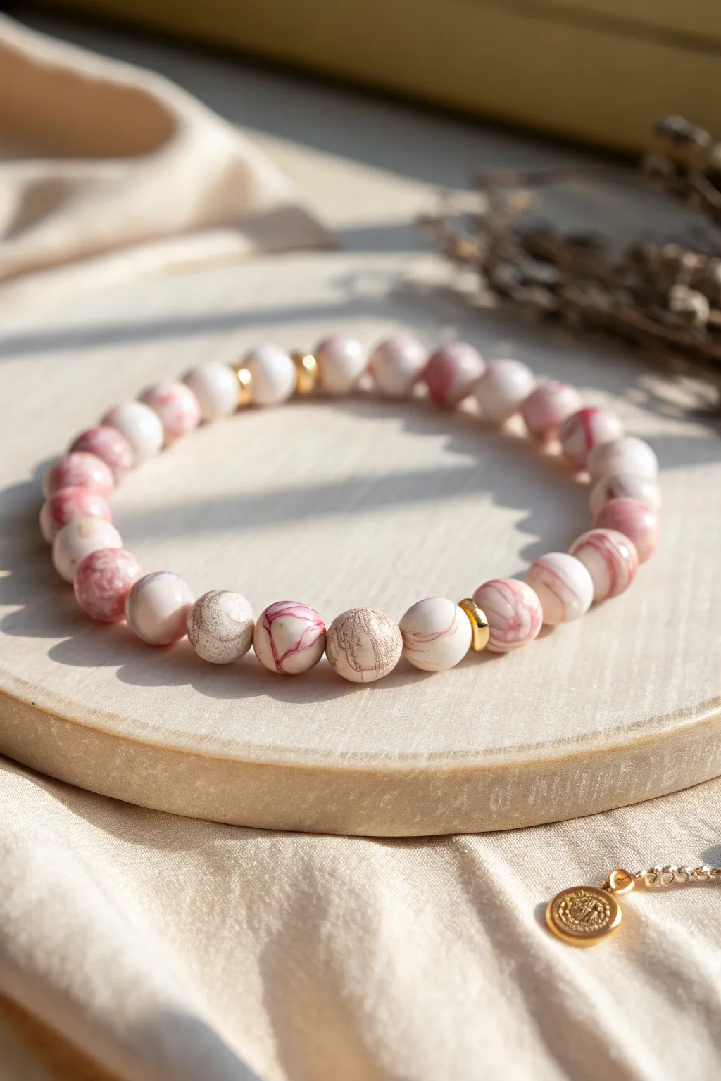 Soft pink cloud-marble clay beads with a tiny gold spacer for an airy, minimalist boho finish