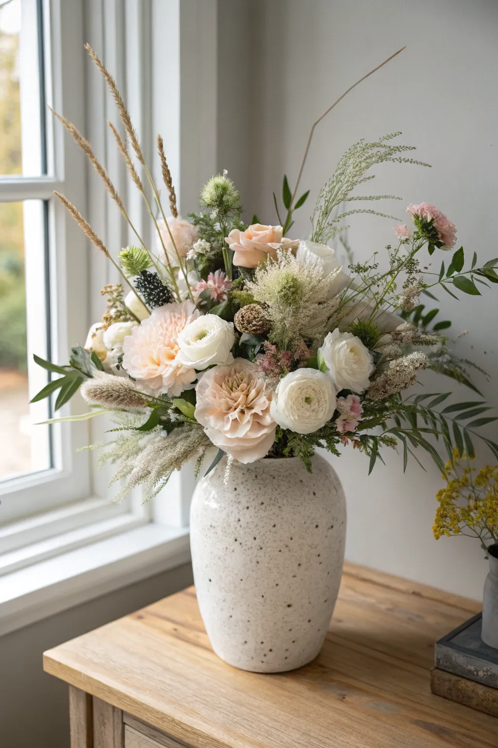 Monochrome blooms in creams and blush make a wide mouth vase look full, soft, and modern.