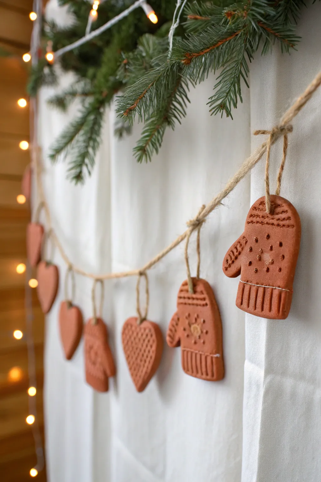 Cozy clay mitten garland with simple patterns, soft natural light, and minimalist boho charm