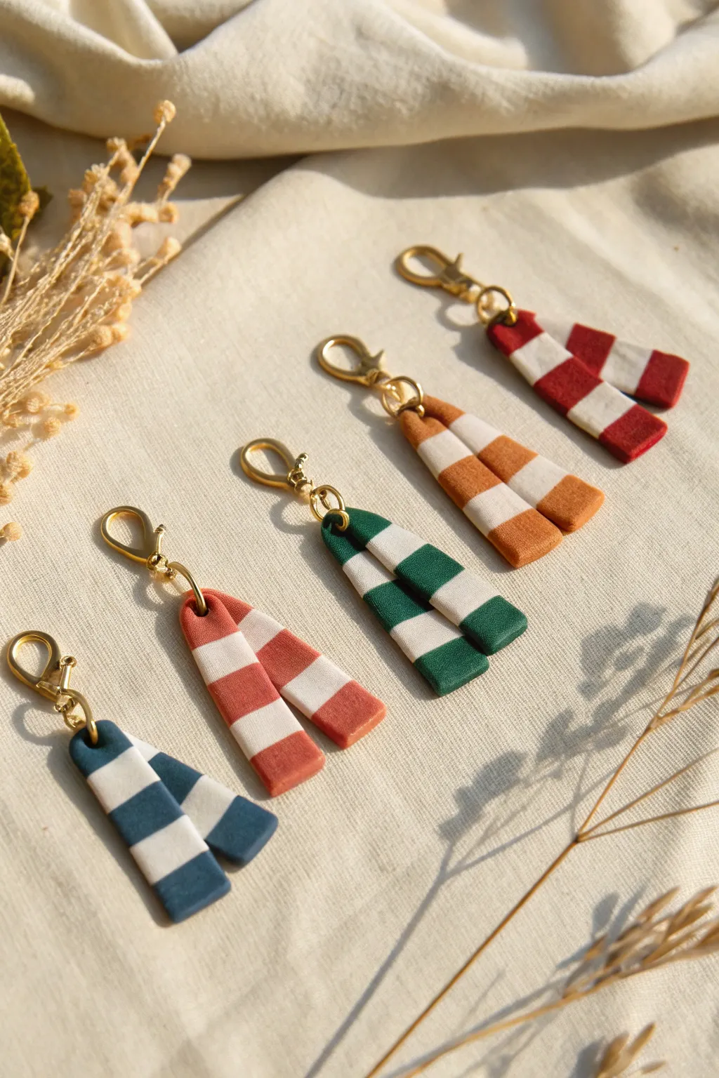Bold striped clay scarf charms, lined up as a wizard school set, ready for necklaces and keychains.
