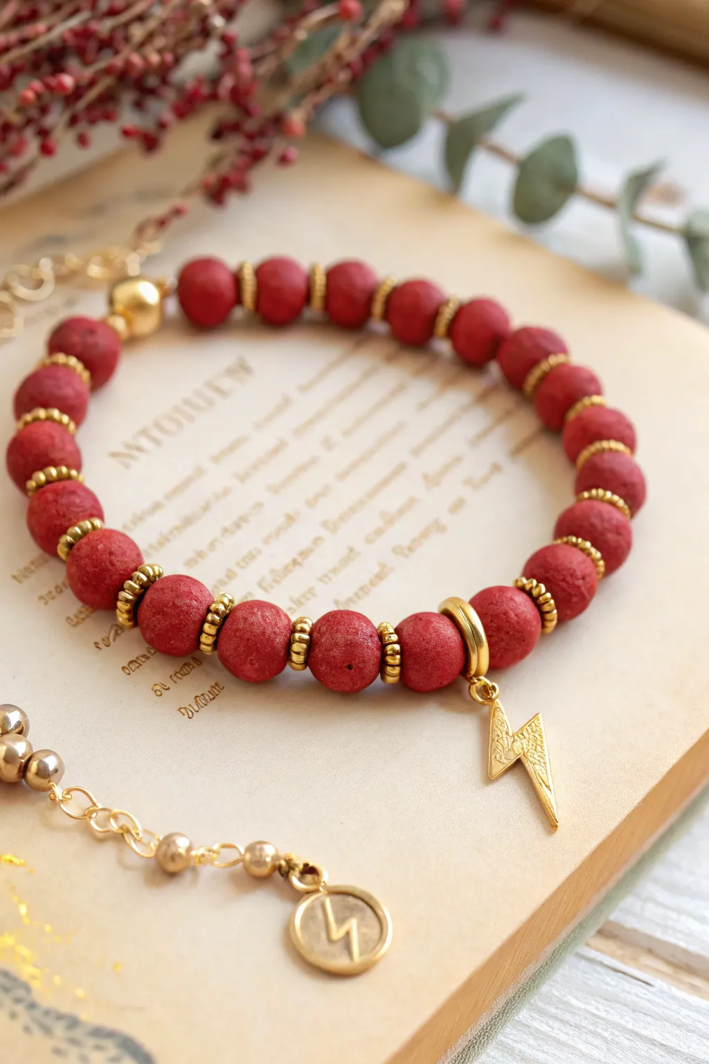 Scarlet and gold clay bead bracelet with a centered lightning bolt charm, magical and minimal.