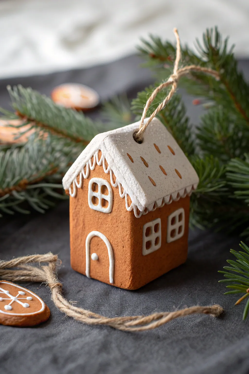 Minimal gingerbread house clay ornament with crisp icing lines for a cozy handmade Christmas.
