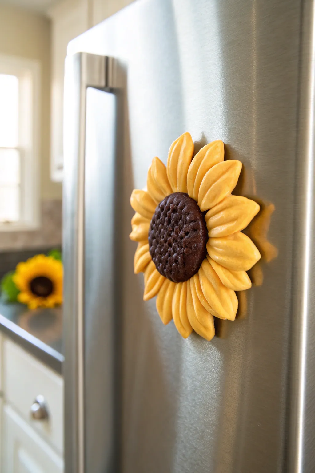 Bright yellow clay sunflower magnet on a minimalist metal board, a sunny pop of handmade charm.