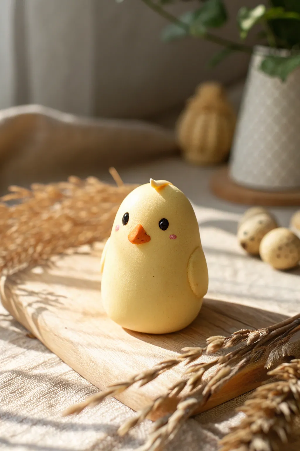 Sweet tiny yellow polymer clay chick figurine, minimalist and boho for spring decor.
