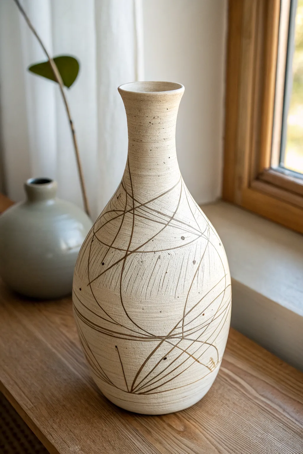 Minimalist vase with playful sgraffito scribbles for effortless abstract ceramic inspiration.