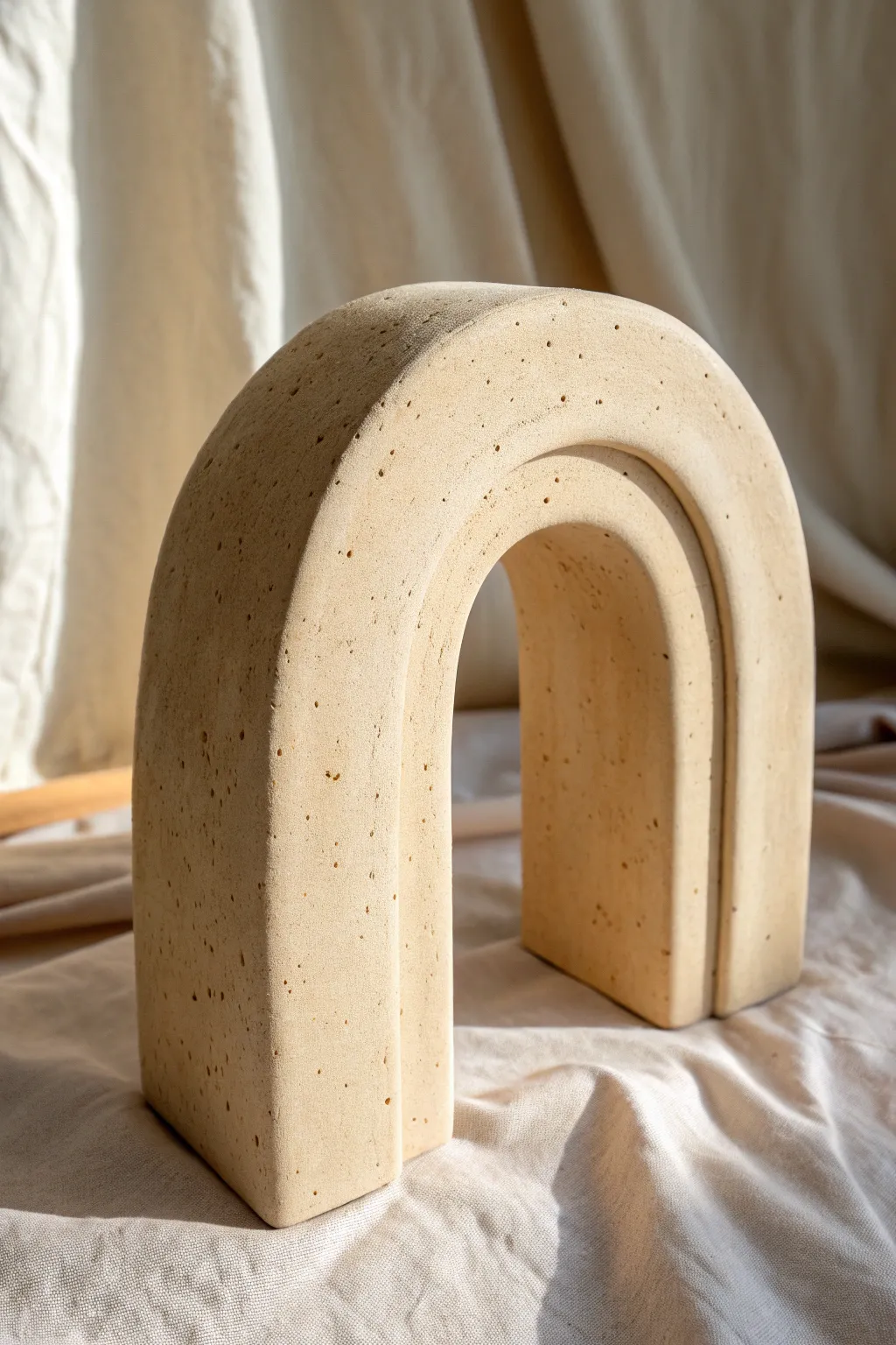 Minimal abstract arch portal sculpture in warm stoneware, calm curves and modern boho simplicity