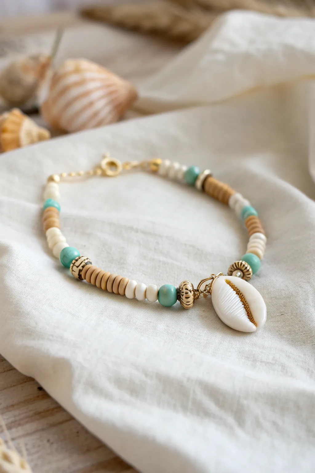 Coastal heishi bracelet with a cowrie shell focal in sea-glass tones on natural linen.