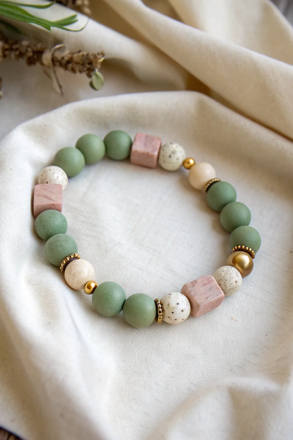 Color-block clay bead bracelet with confetti segment and gold spacer, minimalist boho charm.