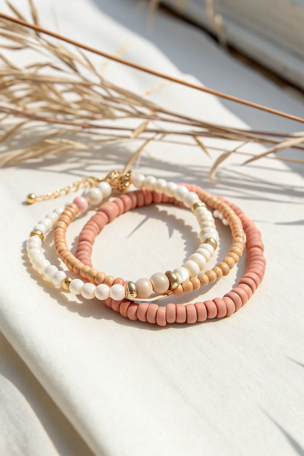 Pearls meet matte clay heishi beads for an effortless modern stack with tactile contrast