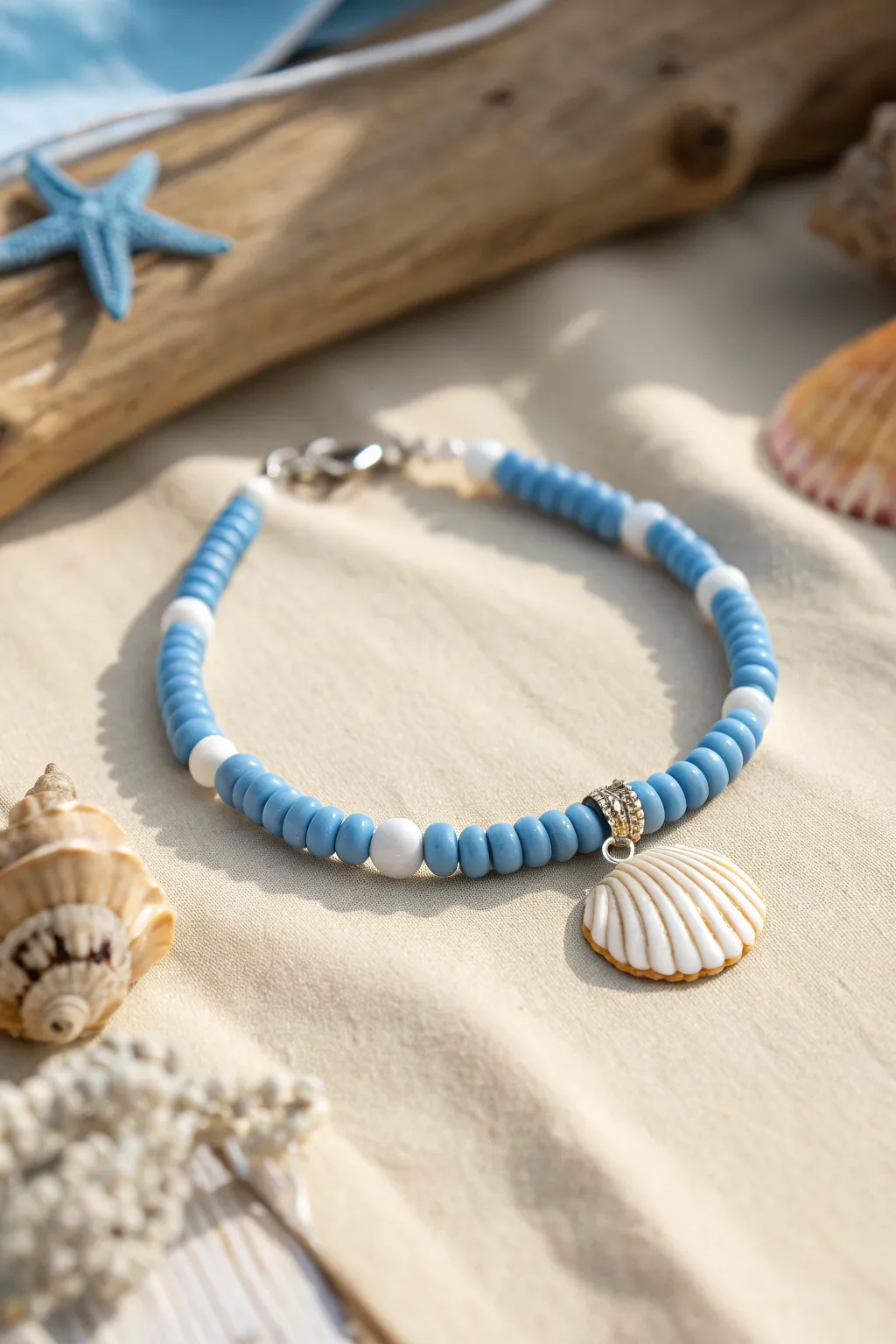 Minimal blue heishi clay bracelet with a sweet seashell charm on soft sandy neutrals.